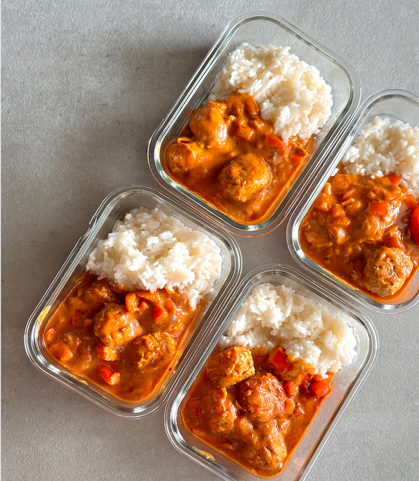 Image of Budget Butter Chicken Meatballs in 4 Meal Prep Containers